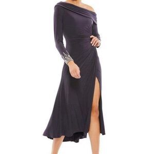 Leena For‎ Macduggal Asymmetrical Black Midi Dress Slit Size 0 NWT Style MD26485